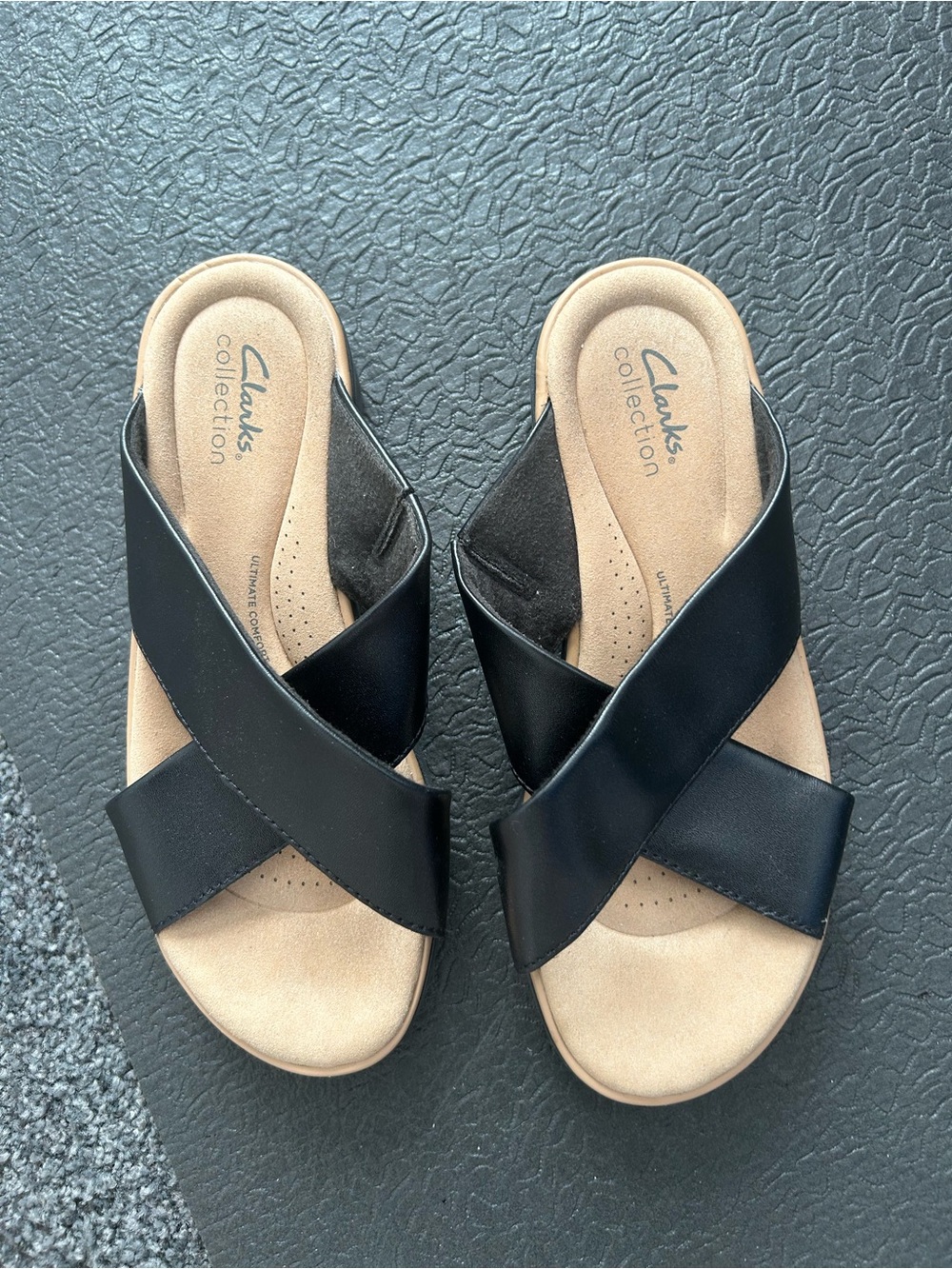 Clarks Black Cross-Band Slide Sandals wide